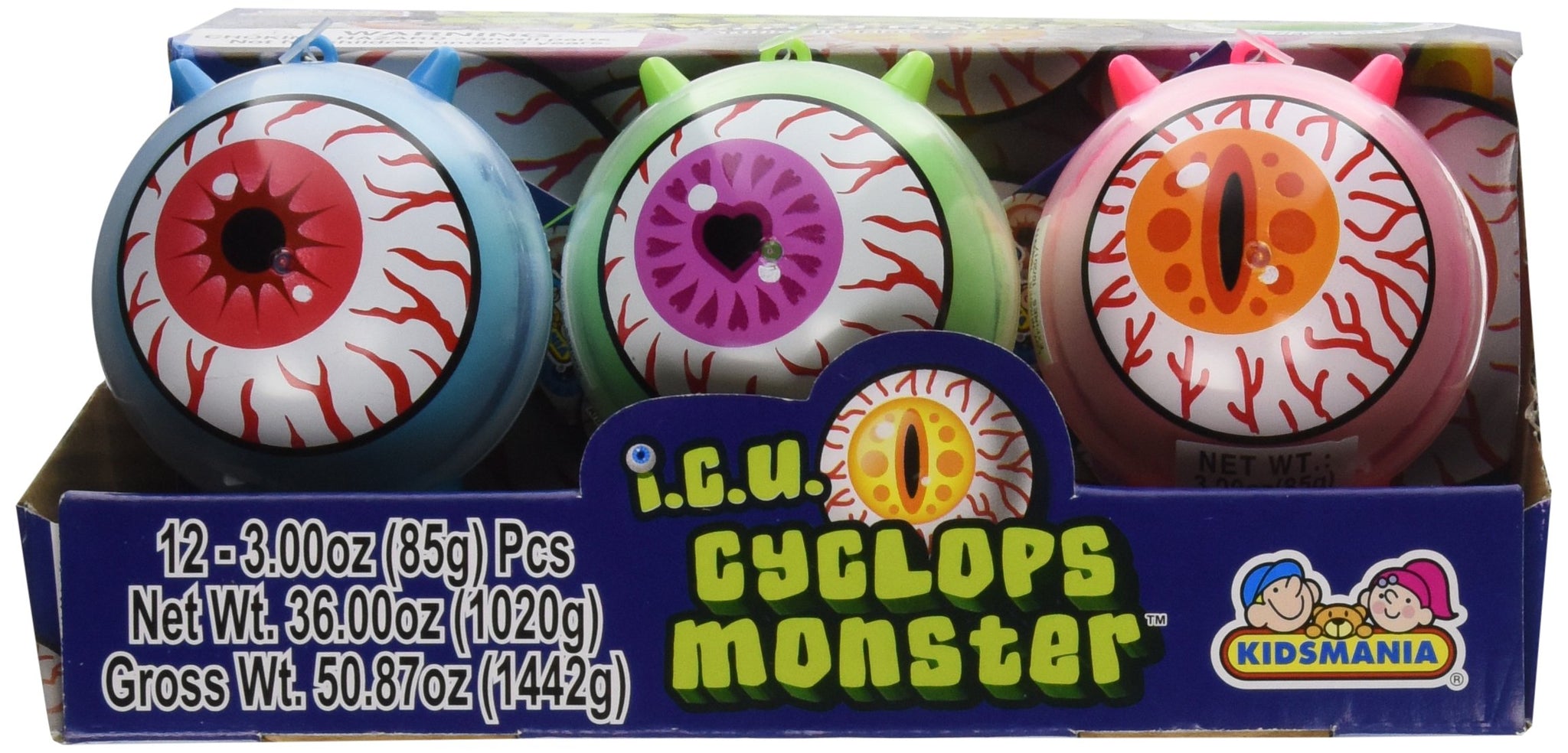 Kidsmania 12 Count Cyclops ICU Eye Ball Jaw Breaker with Rainbow Bubble Gum Center