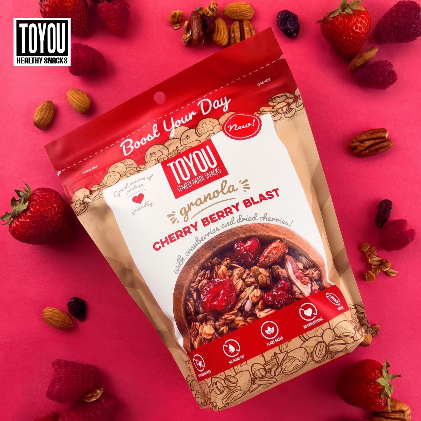 ToYou Snacks Gluten Free Granola, Fruit and Granola Cereal | Cherry Berry Blast - 12 Ounce (Pack of 1) | Plant Based, Vegan, Healthy Snacks for Adults