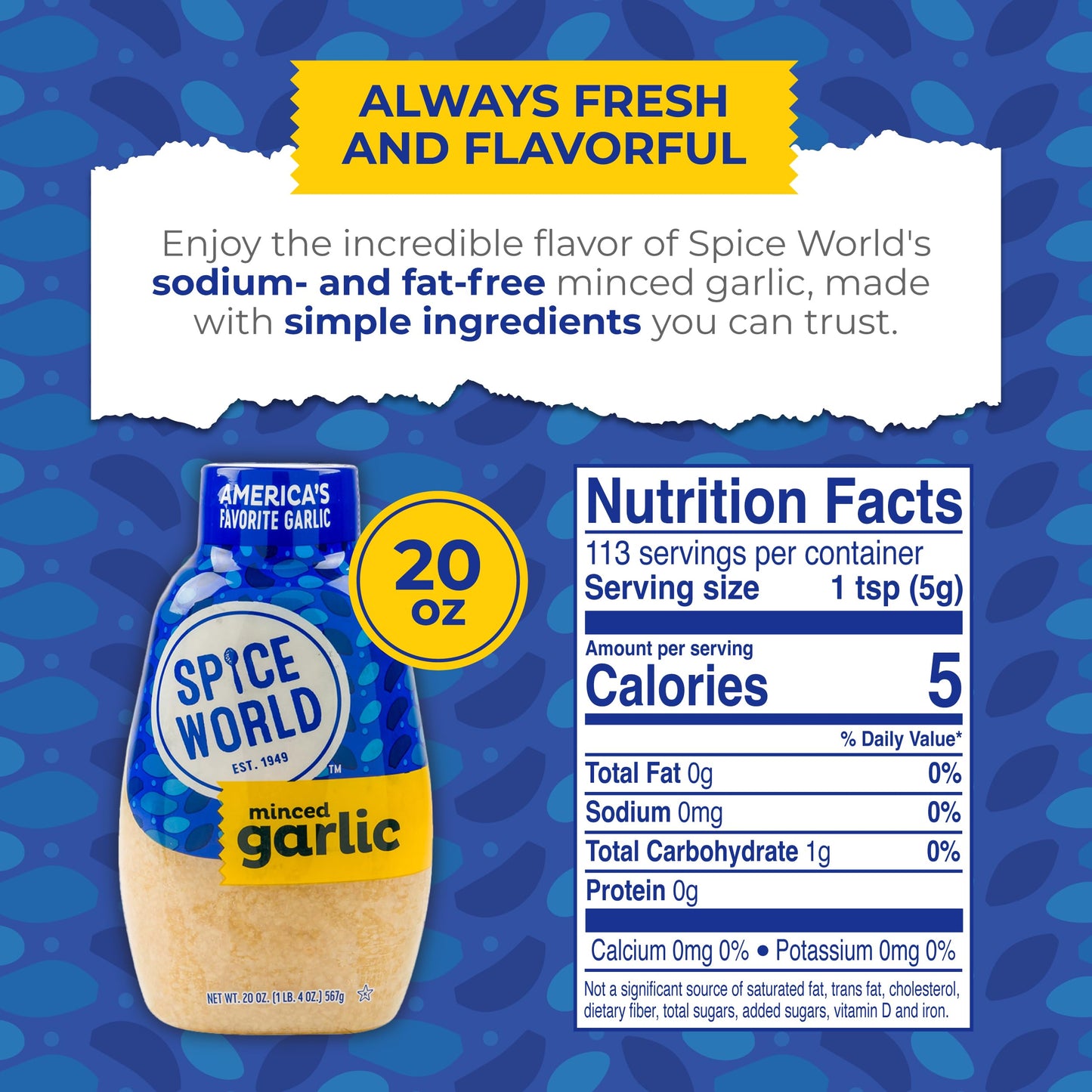 Spice World Squeezable Minced Garlic - Value 20oz Garlic Container - Ready-to-Use Seasonings for Cooking, Simply Squeeze the Convenient Package