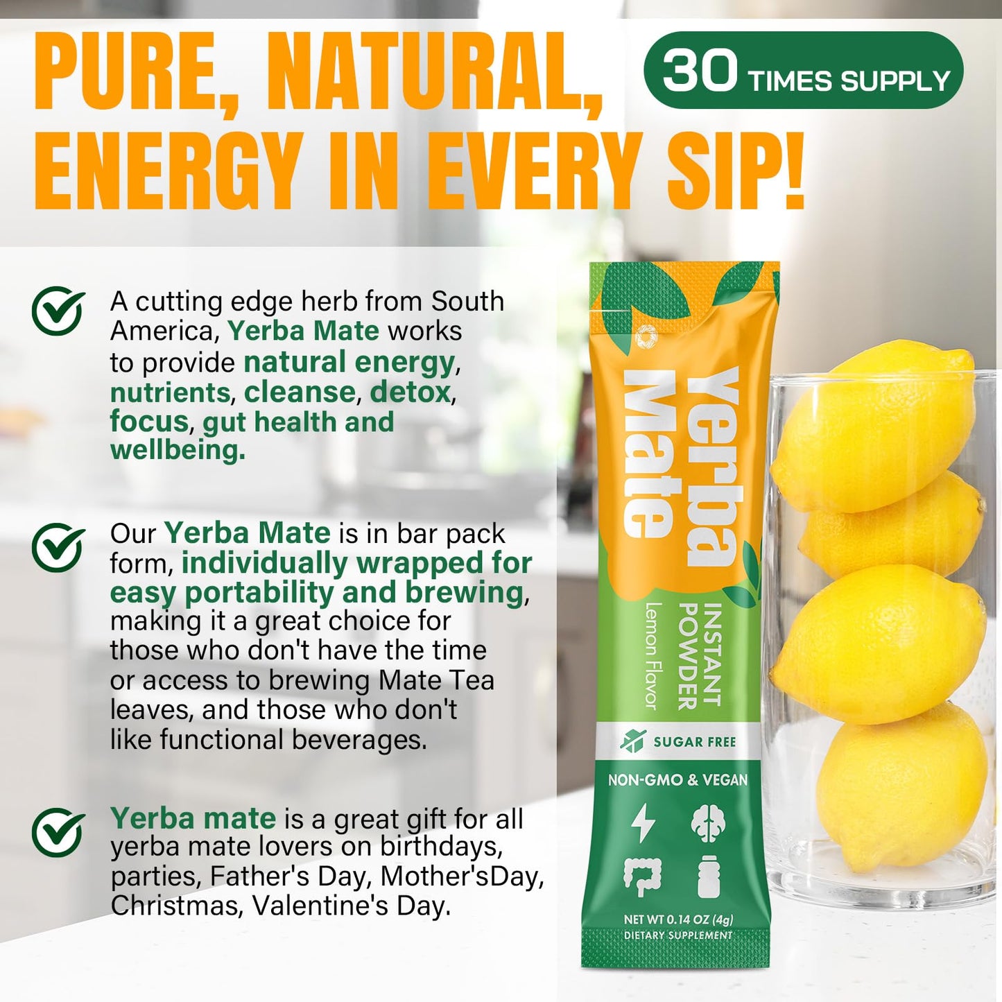 Yerba Mate, 10 in 1 Yerba Mate Tea Instant Powder - Natural Energy Drink Alternative to Coffee - No Sugar Content, Clean Energy with No Crash, Stay