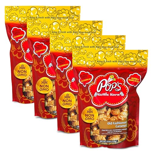 Pop's Kettle Korn- Old Fashion Caramel | 4-Pack Old Fashion Caramel - Gluten-Free, Whole Grain, Hand-Popped, Small