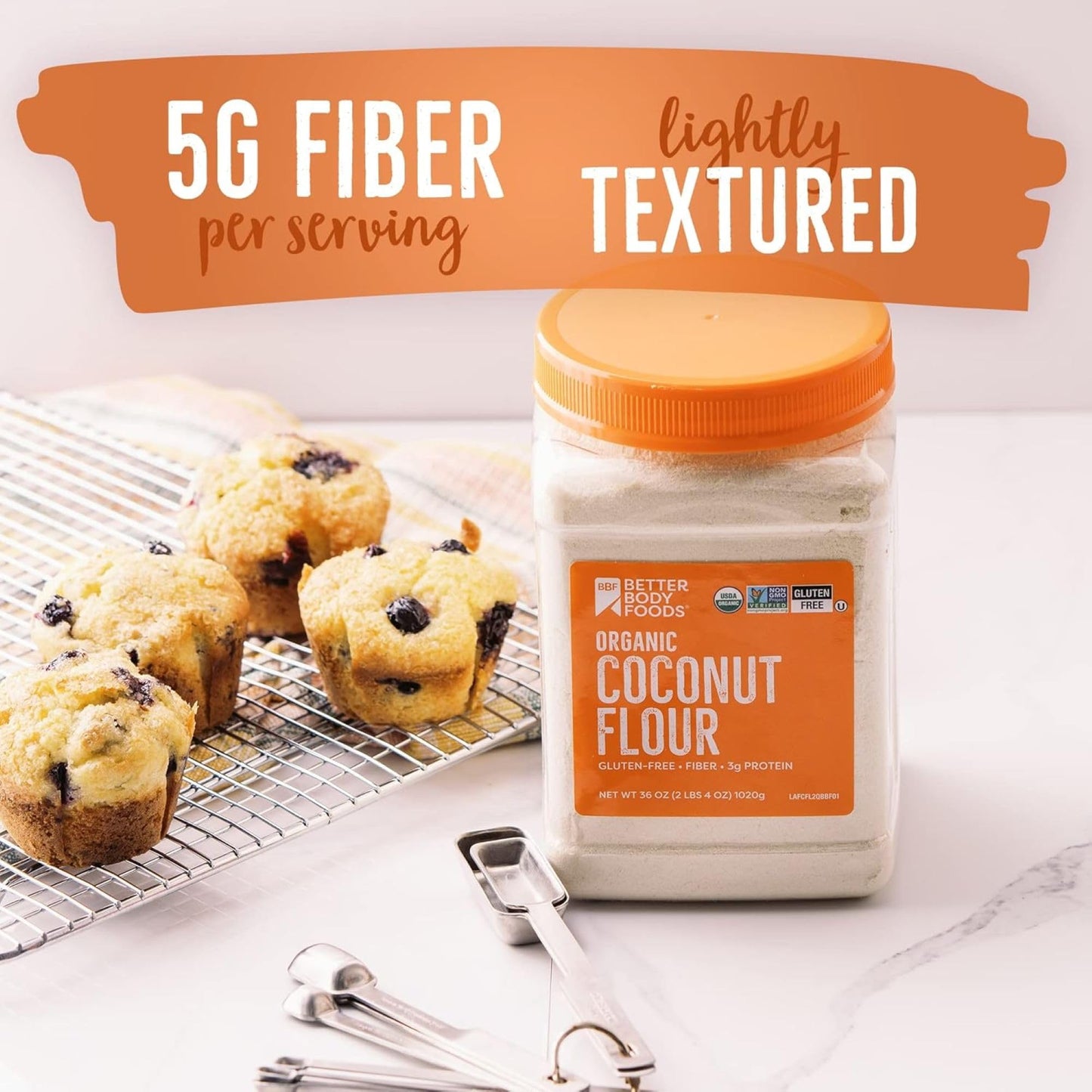 BetterBody Foods Organic Coconut Flour 2 Pound Jar, Gluten-Free White Flour Alternative with a Slight Coconut Taste and Aroma, 23% Dietary Fiber per