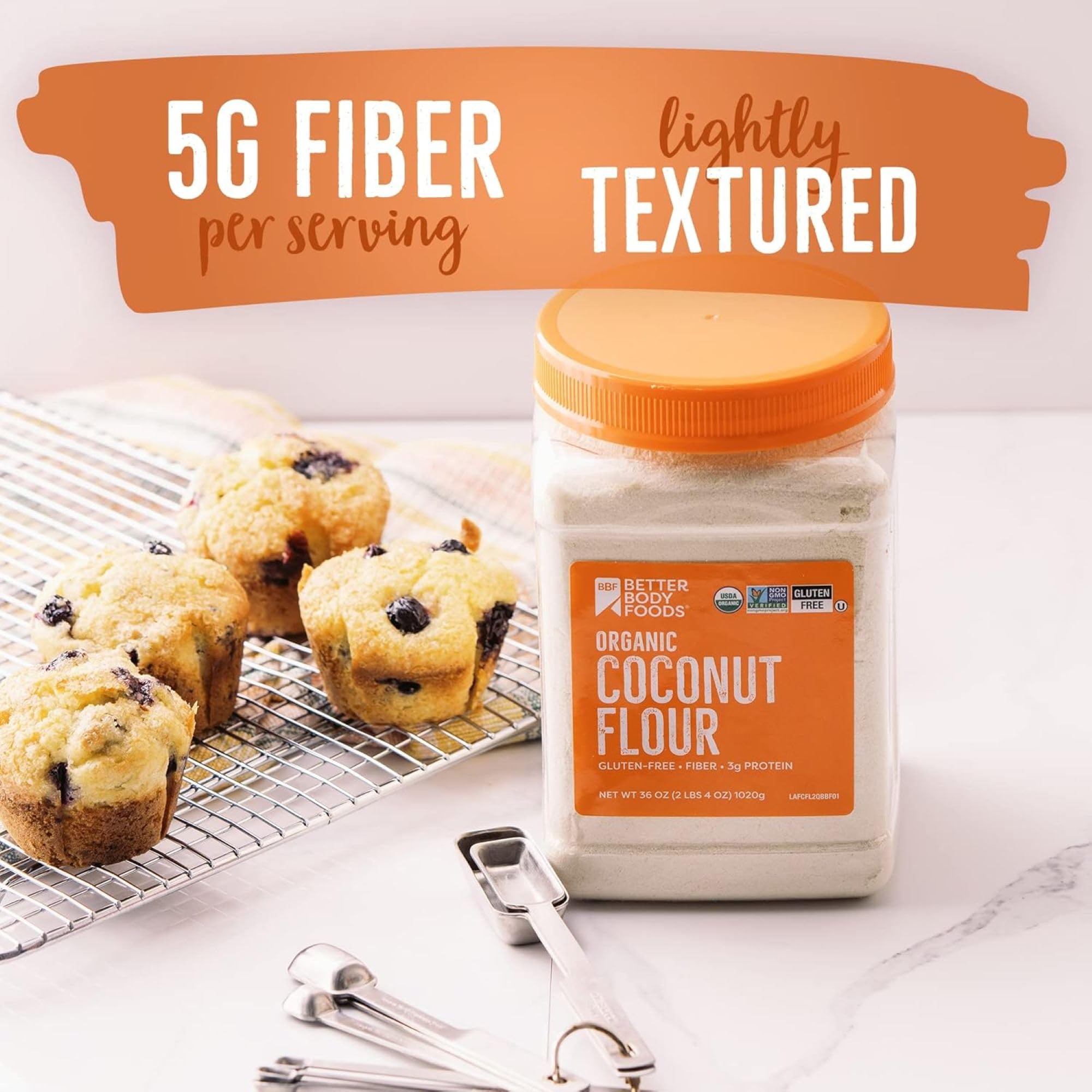 BetterBody Foods Organic Coconut Flour 2 Pound Jar, Gluten-Free White Flour Alternative with a Slight Coconut Taste and Aroma, 23% Dietary Fiber per