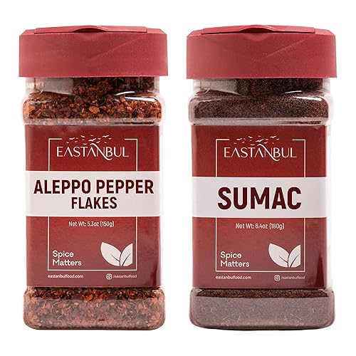 Eastanbul Aleppo Pepper and Sumac, Aleppo Pepper Flakes 5.3oz, Sumac Spice 6.4oz, Spice Set of Pul Biber and Sumak Seasoning, Moderate Heat Crushed