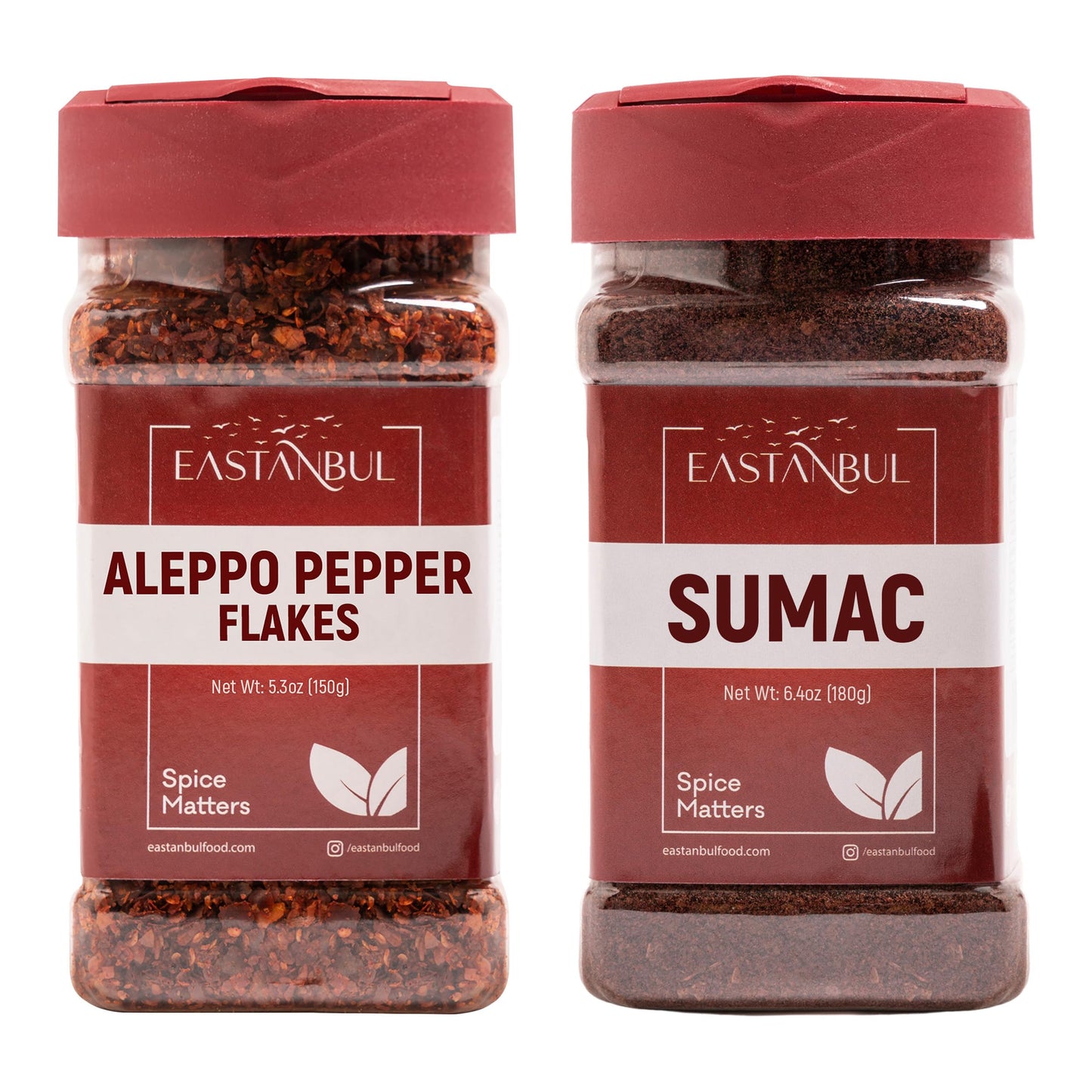 Eastanbul Aleppo Pepper and Sumac, Aleppo Pepper Flakes 5.3oz, Sumac Spice 6.4oz, Spice Set of Pul Biber and Sumak Seasoning, Moderate Heat Crushed