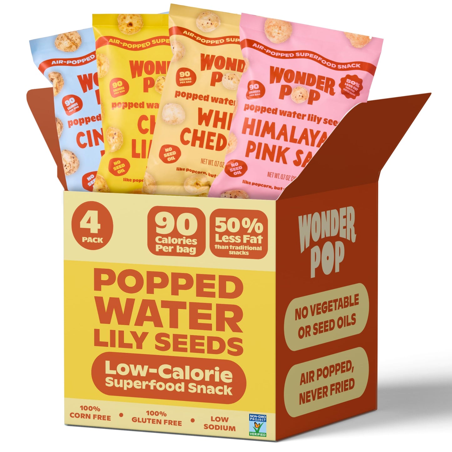 WonderPop Variety Pack - Popped Water Lily Seeds (4-Pack) | Gluten-Free, Non-GMO, 6g Protein, 90 Calorie | Healthy Low-Calorie Snack Mix Made