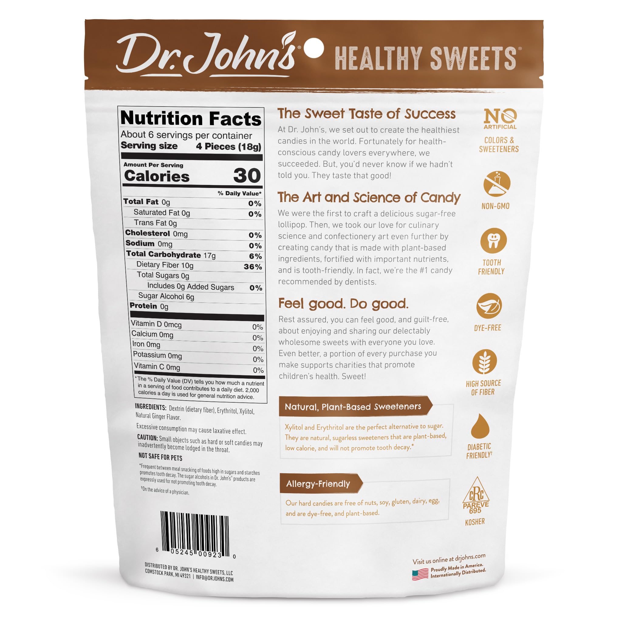 Dr. John’s Sugar Free Candy, Healthy Hard Candy with Zero Sugar, Low Calorie Snacks, Keto Friendly, Vegan, Gluten Free, Ginger Flavor, 24 Count, 3.85