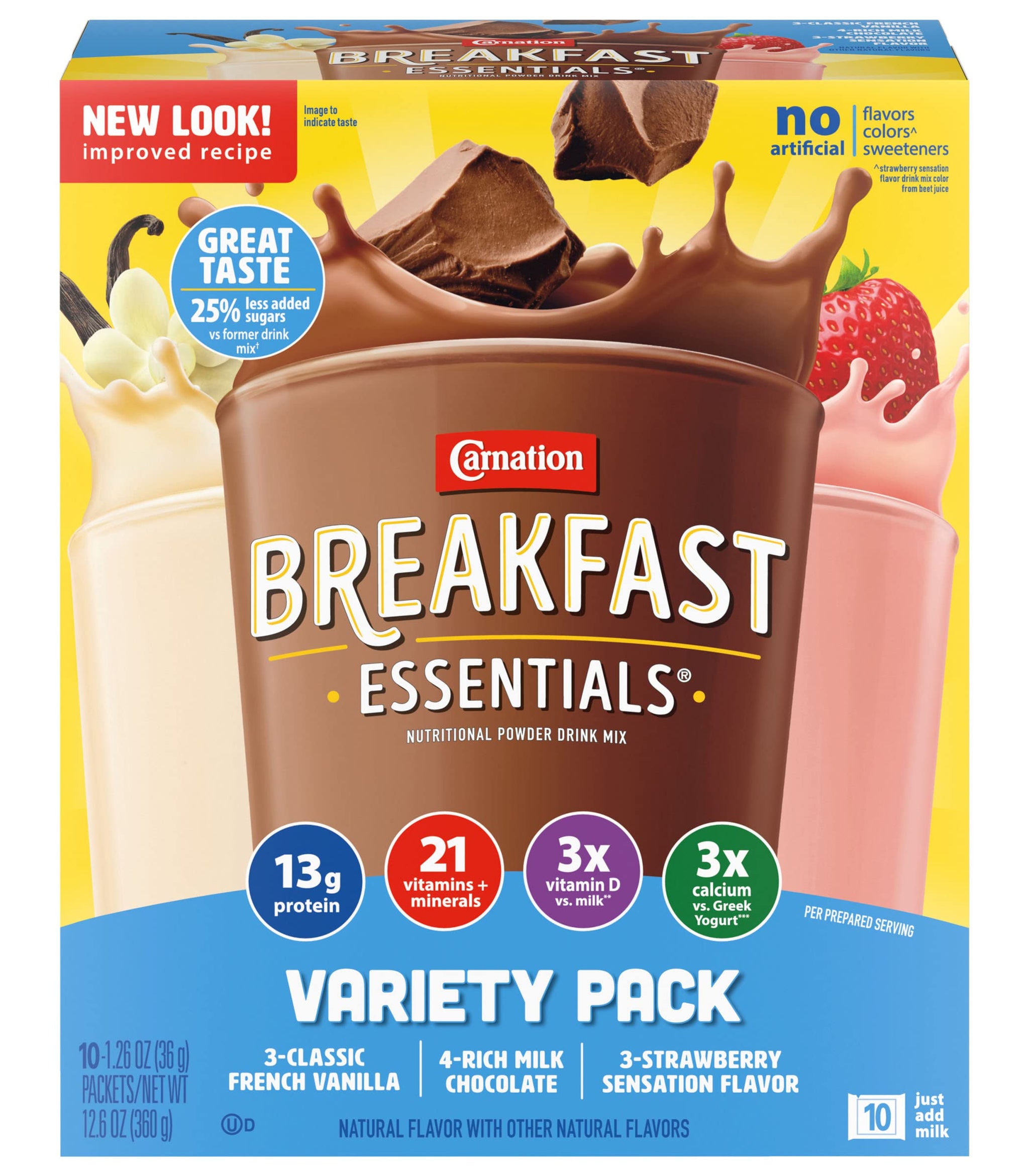 Carnation Instant Breakfast Essentials, Variety Pack, 10 count, 1.26-Ounce Units (Pack of 3)