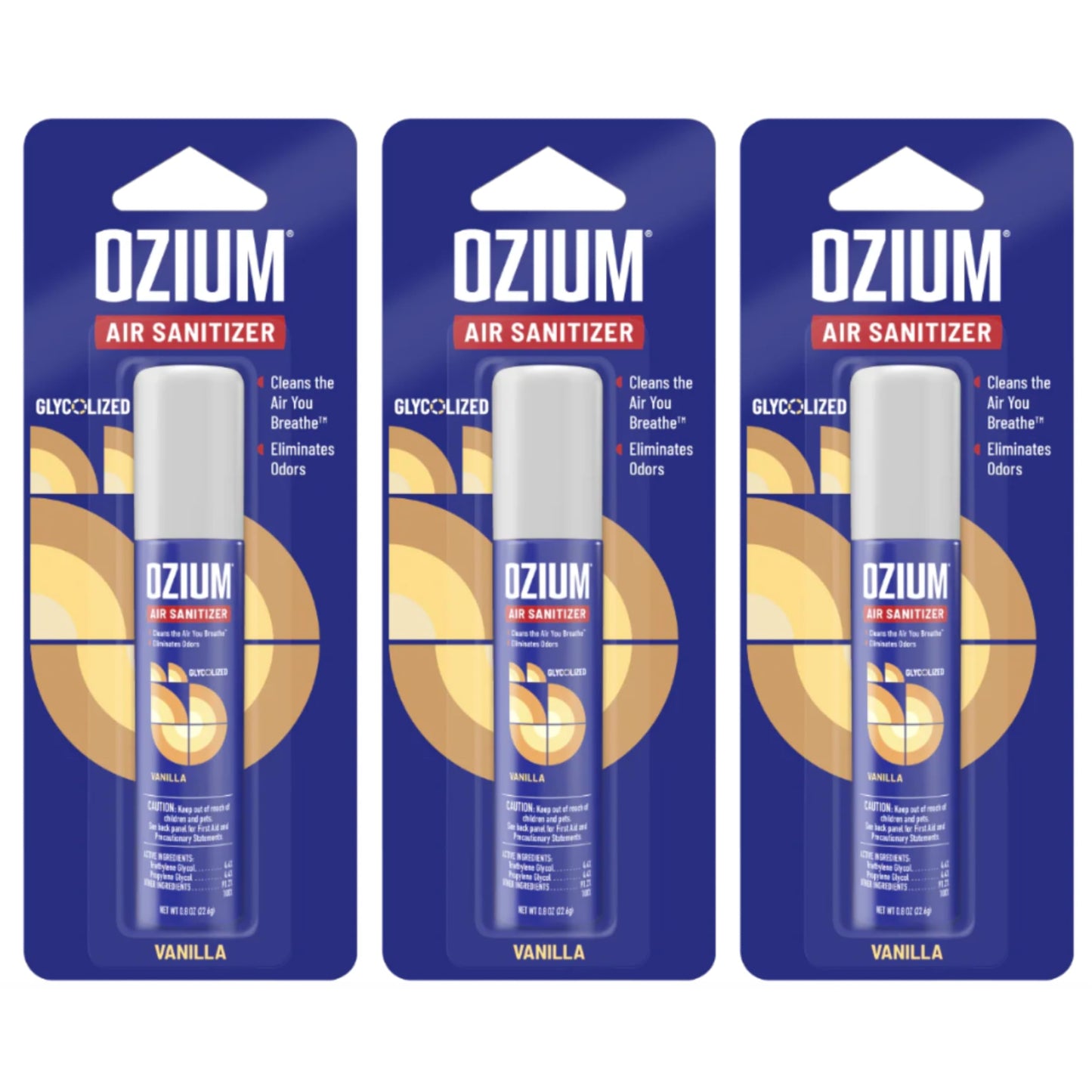 Ozium 0.8 oz. Air Sanitizer & Odor Eliminator for Homes, Cars, Offices and More, Vanilla Scent, Pack of 3