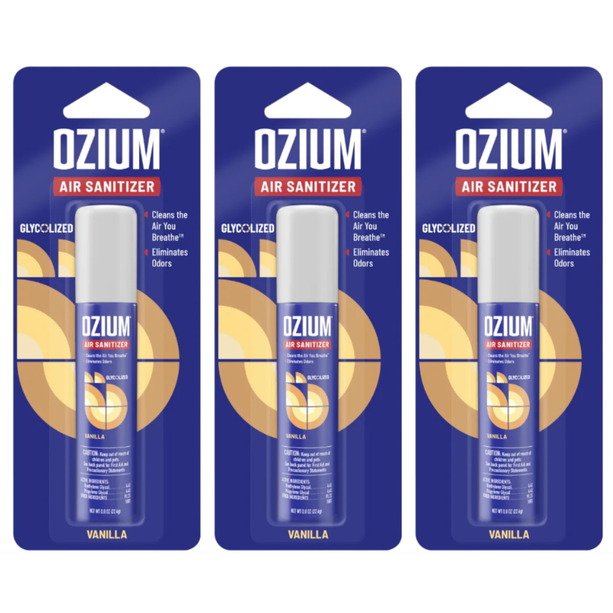 Ozium 0.8 oz. Air Sanitizer & Odor Eliminator for Homes, Cars, Offices and More, Vanilla Scent, Pack of 3