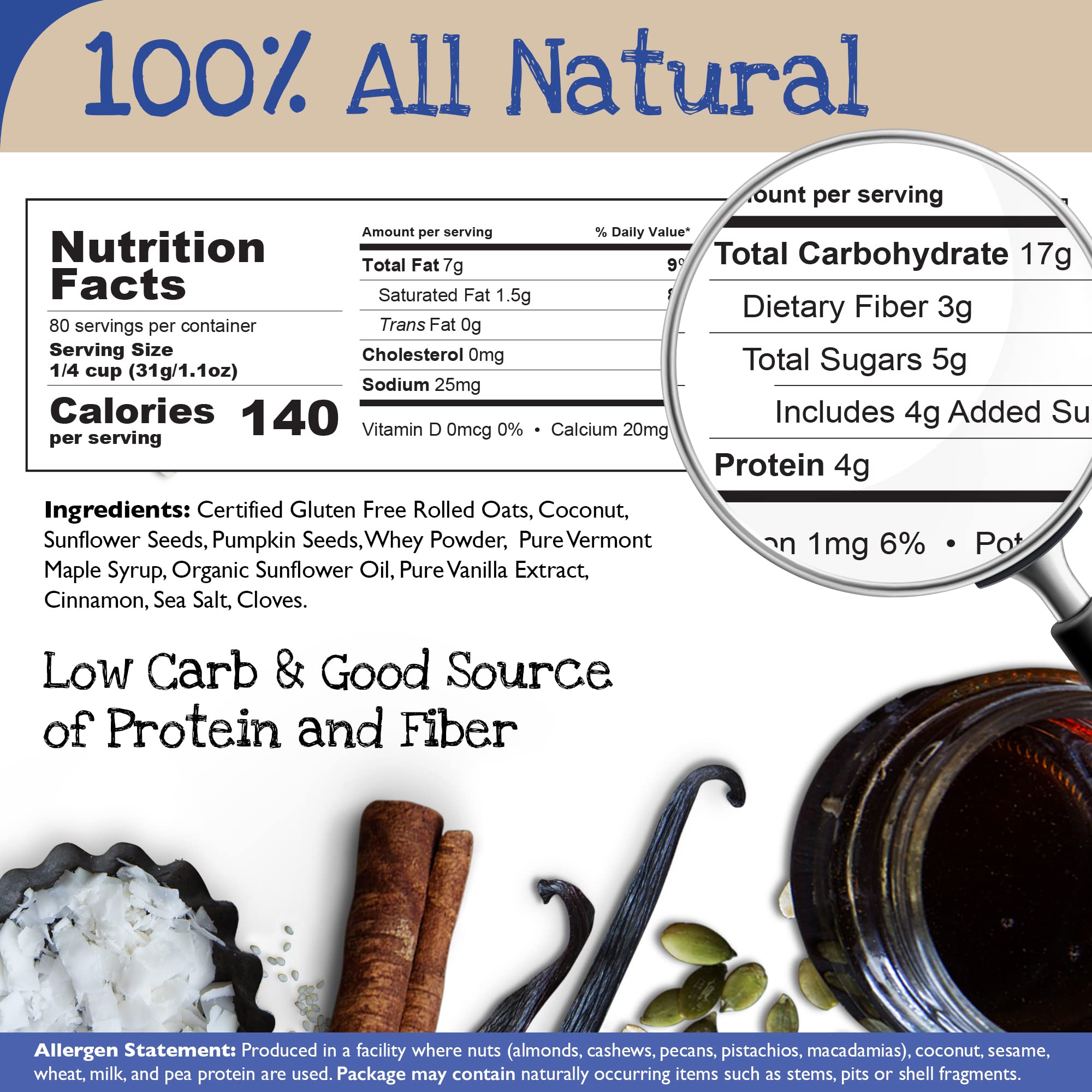 True North Granola - Gluten Free Maple Vanilla Granola, Low Carb, Nut Free and Non-GMO, Bulk Bag, 5 lb.