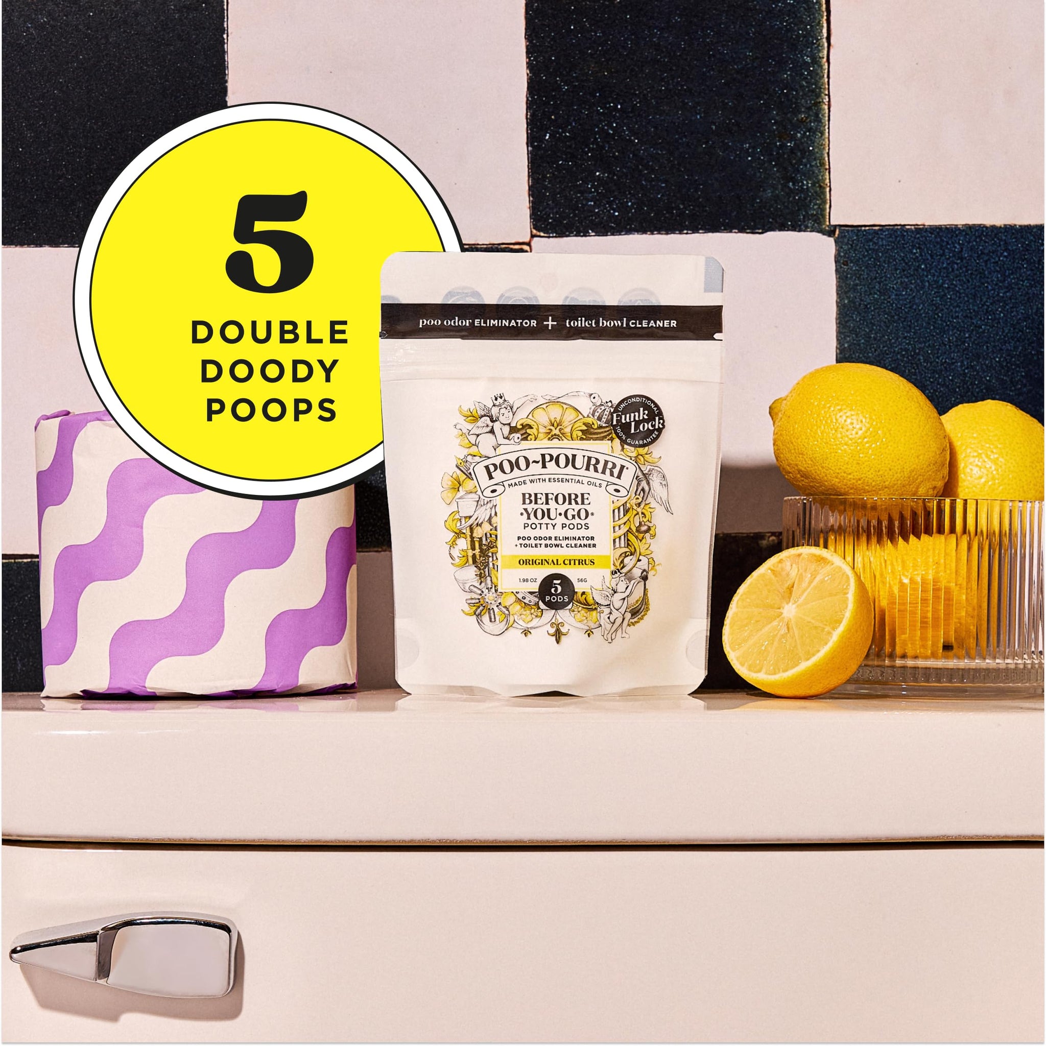 Poo-Pourri Before-You-Go 2-in-1 Toilet Potty Pods, Original Citrus, 5 Ct, Bathroom Odor Deodorizer and Toilet Cleaner with Essential Oils, Lemon