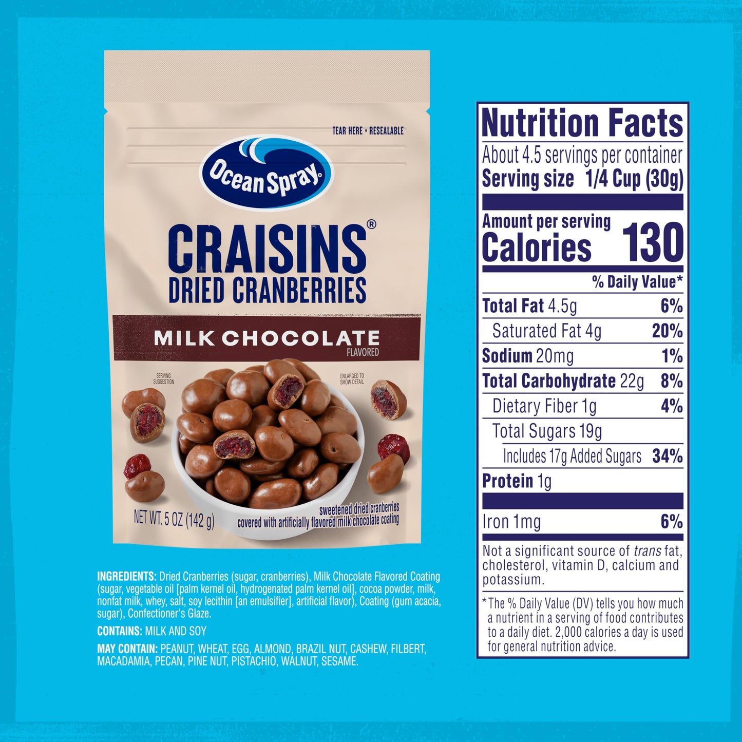 Ocean Spray® Milk Chocolate Dipped Cranberry Bites, Chocolate Covered Dried Cranberries, 5 Oz Pouch, 12 Count