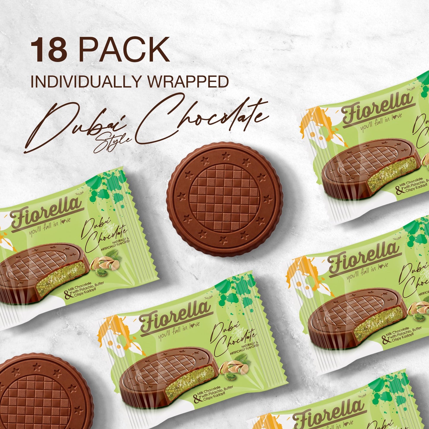 Fiorella Dubai Style Milk Chocolate Pistachio Bars, Filled Chocolate With Pistachio Butter & Crispy Kadayif, Individually Wrapped Chocolate Snacks, 18