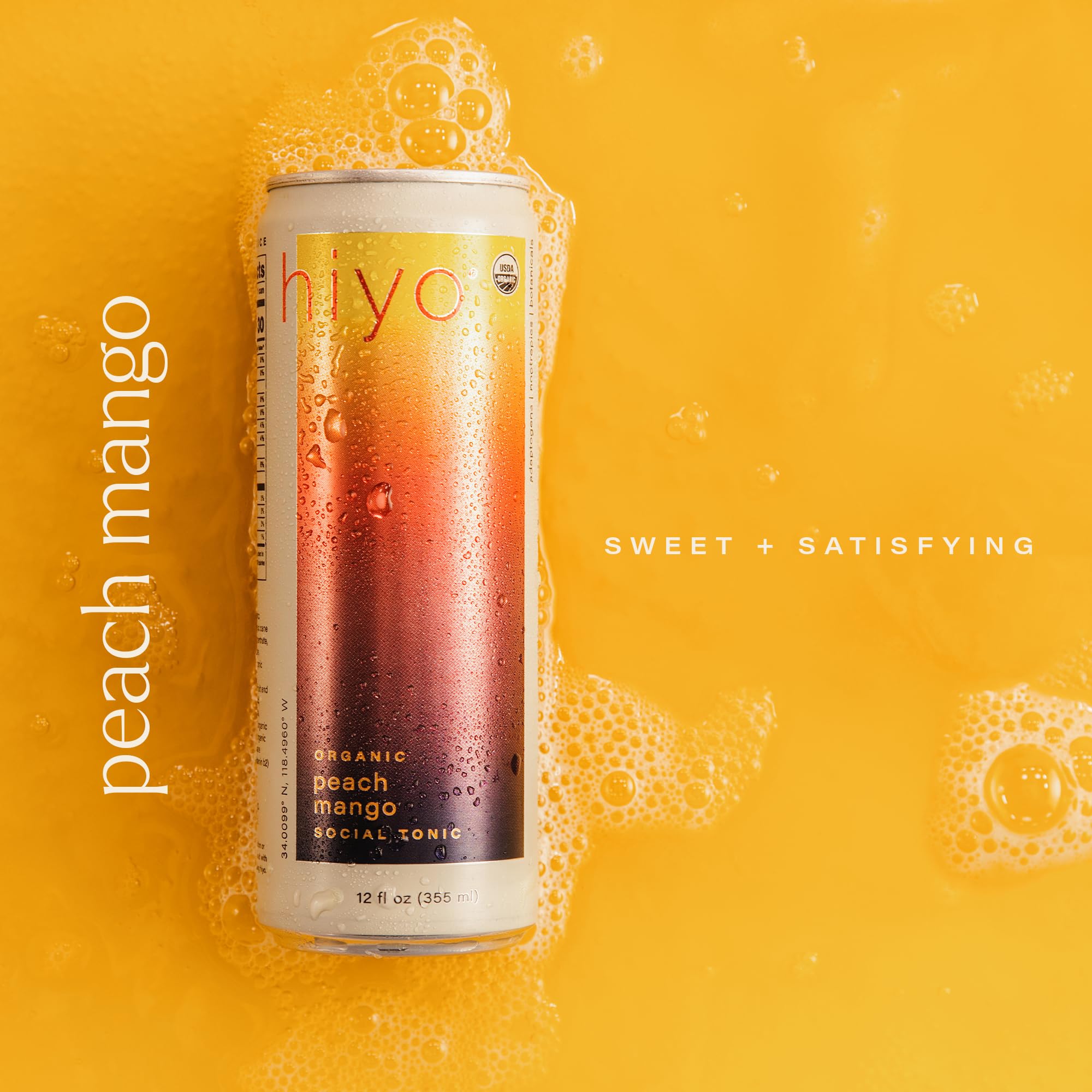 Hiyo Organic Social Tonic - Peach Mango, 12 FZ - N.A. Functional Seltzer, Sparkling Water Crafted with Organic Adaptogens, Nootropics & Botanicals