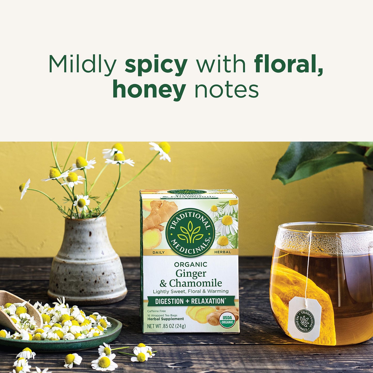 Traditional Medicinals Tea, Organic Ginger & Chamomile - Occasional Nausea & Indigestion Relief - Kosher, Non-GMO, Caffeine-Free - 16 Tea Bags