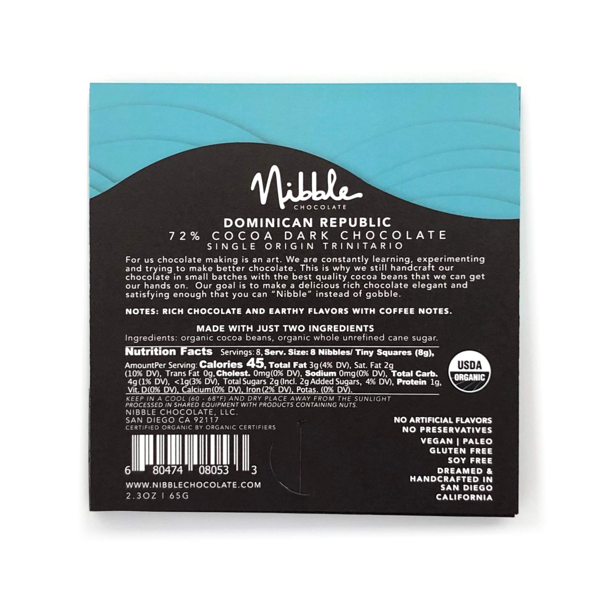 Nibble Chocolate Dominican Republic 72% | 3 Pack | Certified Organic | Vegan | 2 Ingredients | Gluten & Soy Free |