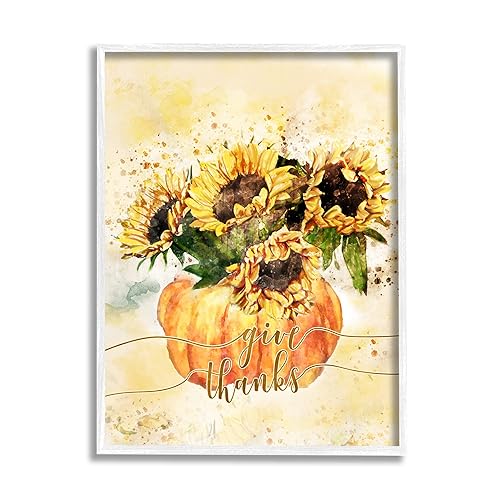 Stupell Industries Give Thanks Phrase Orange Pumpkin Sunflower Floral Burst, Design by Ziwei Li