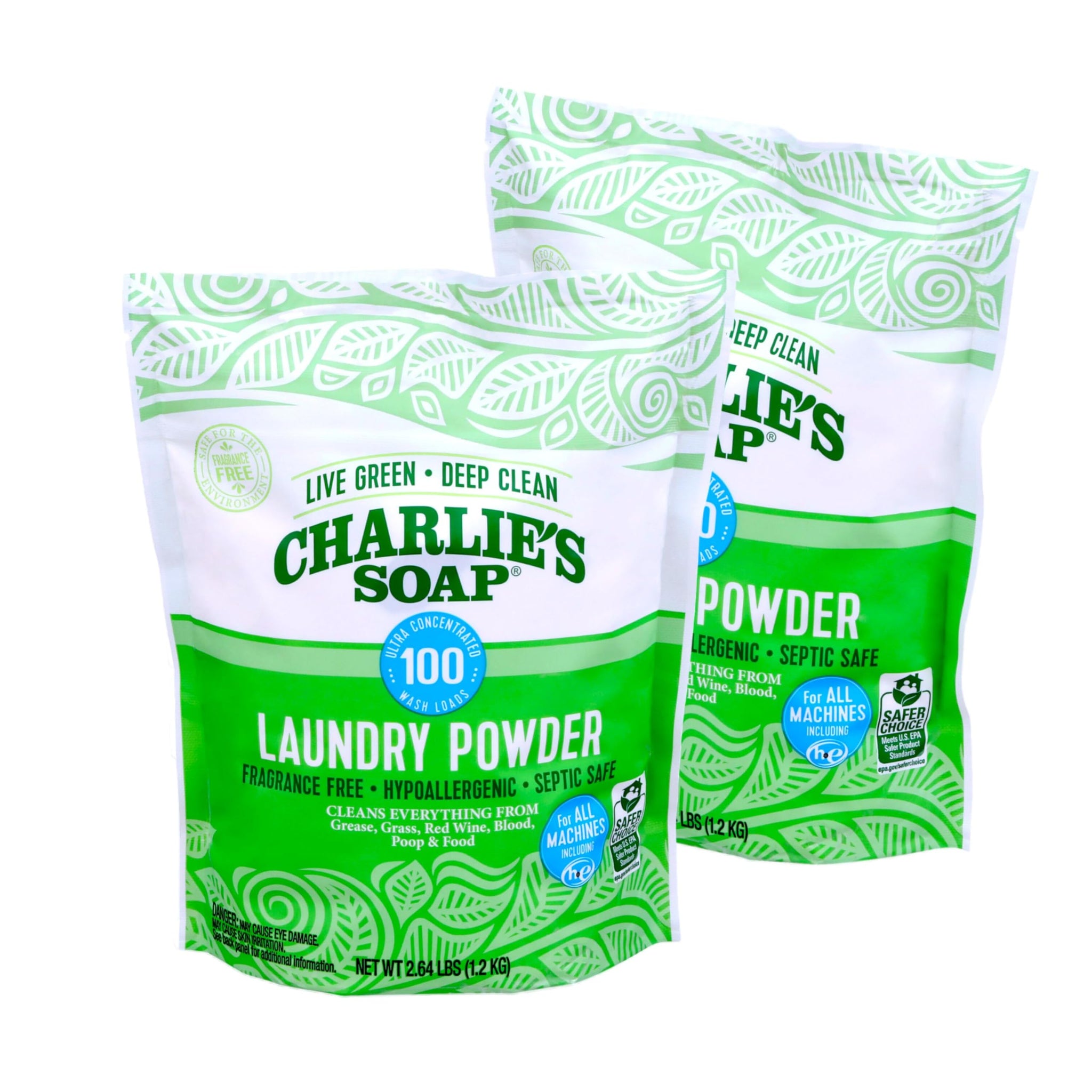 Charlie’s Soap Laundry Powder (100 Loads, 2 Pack) Hypoallergenic Deep Cleaning Washing Powder Detergent - Eco-Friendly, Safe, and Effective
