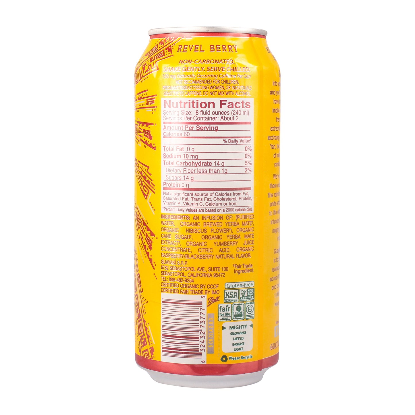 Guayakí Yerba Mate, Energy Drink Alternative, Organic Revel Berry Flavor, 15.5 Oz, 150mg Natural Caffeine, Smooth Energy & Focus
