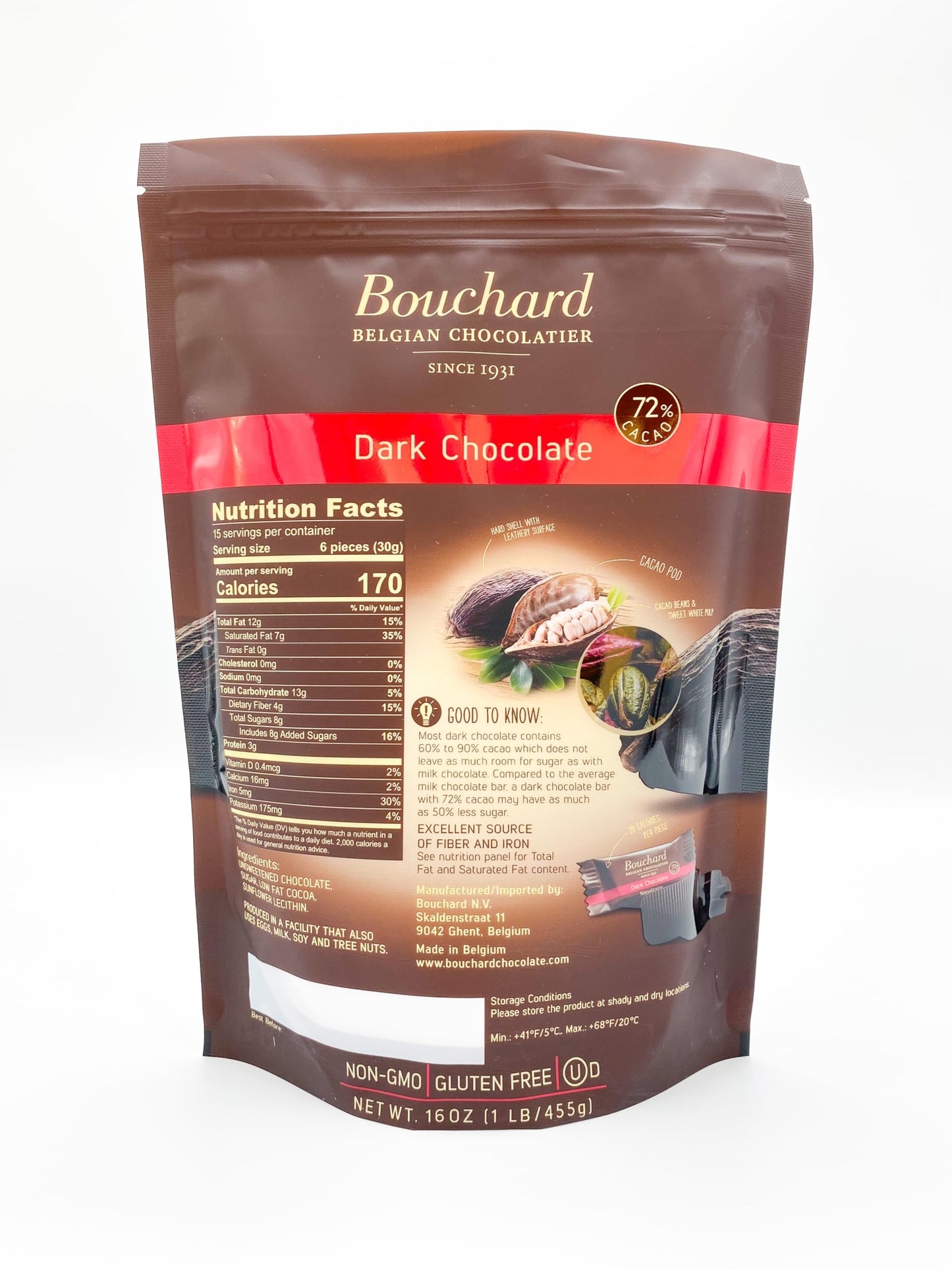 Bouchard Premium Belgian Dark Chocolate with 72% Cacao | Individually Wrapped Pieces (1 LB)