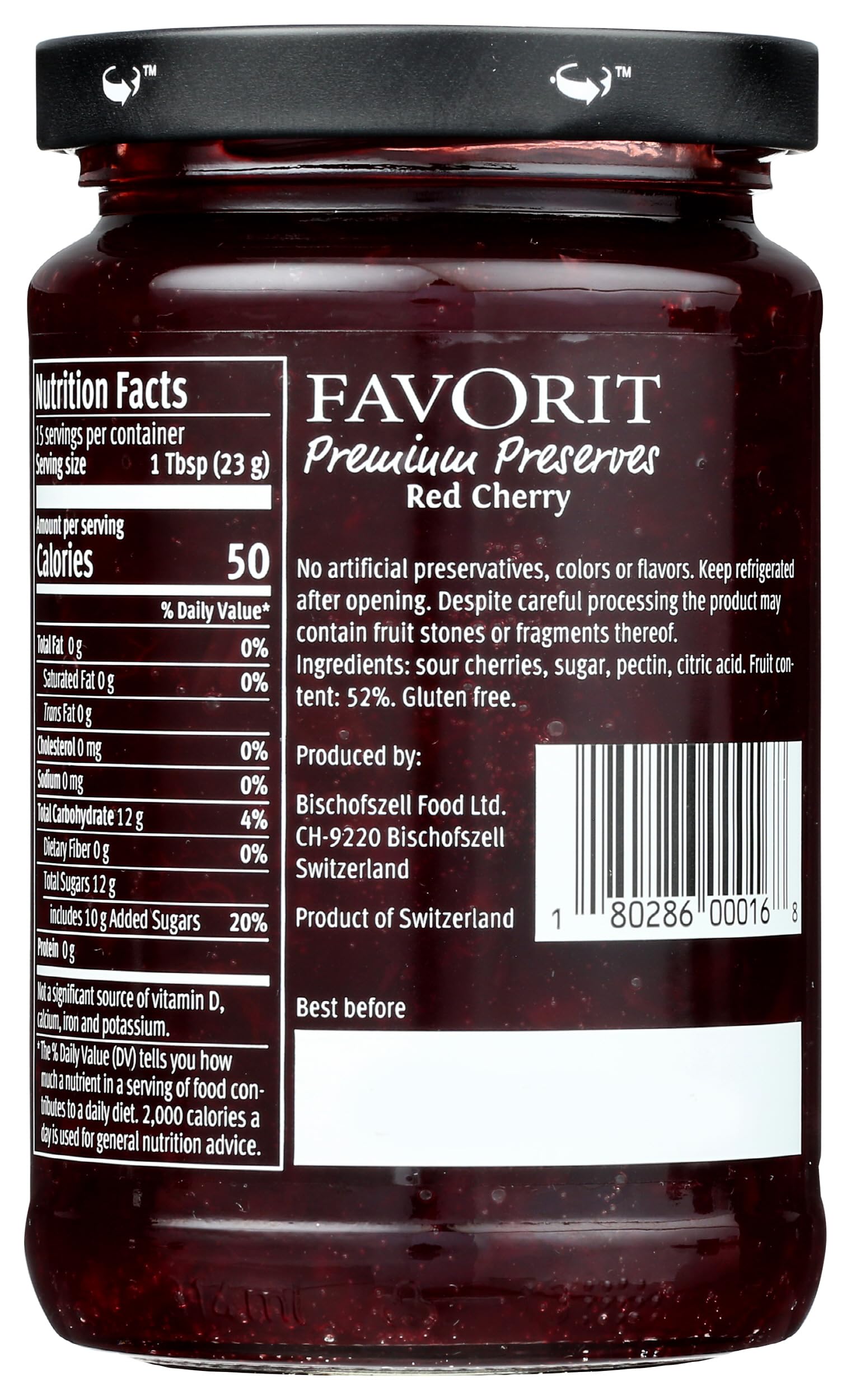 Favorit Red Cherry Preserve - Premium Fruit Preserve with Sweet & Tart Flavor | Perfect for Breakfast & Baking | 12.3 oz Jar