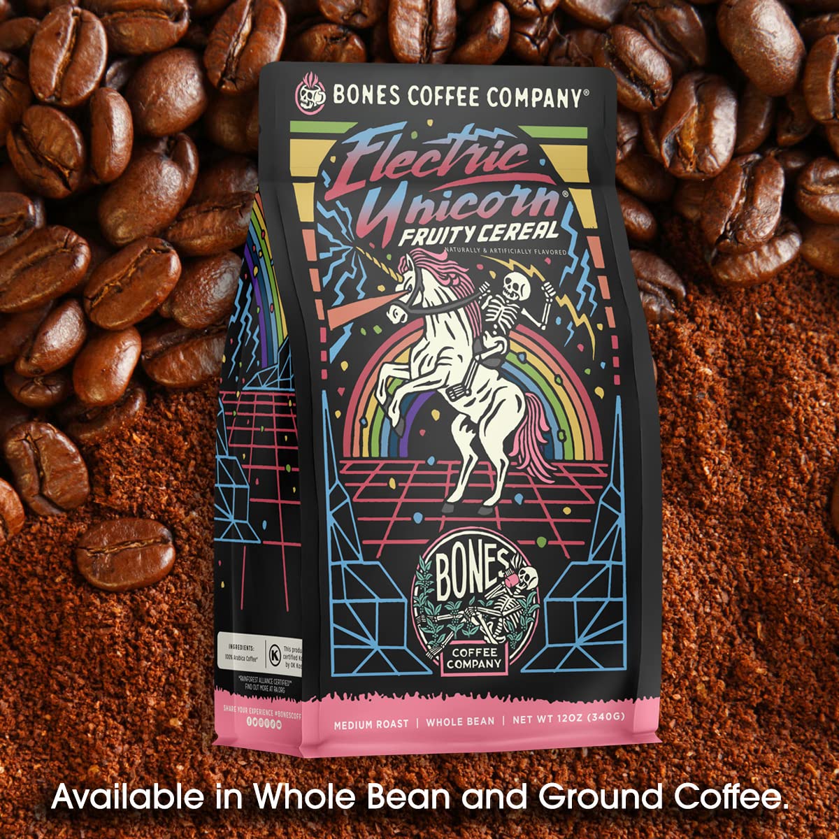 Bones Coffee Company Electric Unicorn, Fruity Cereal With Milk Flavored Coffee, Medium Roast Low Acid Arabica Beans Compatible with Auto drip
