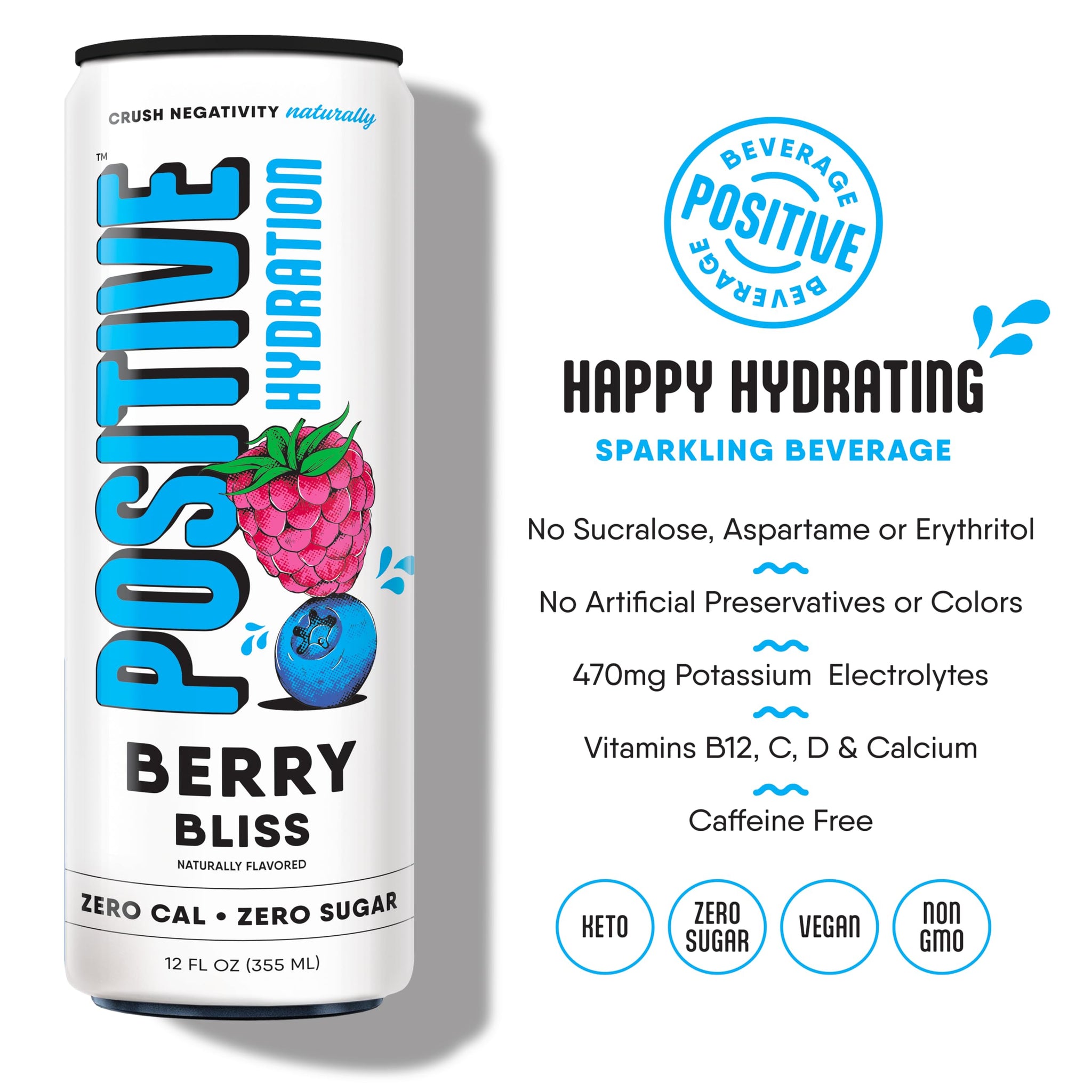 Positive Hydration Berry Bliss | 12-oz Cans (12-Pack) | Zero-Calorie Electrolyte Drink with Essential Vitamins, Calcium, and Hydration Support