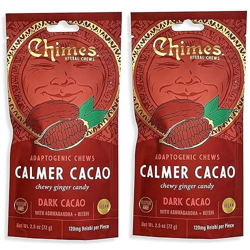 Chimes Calmer Cacao Adaptogen Ginger Chews Candy - (2 Pack With Ashwagandha, Reishi and Dark Cacao with Theobromine) Vegan, Gluten Free…