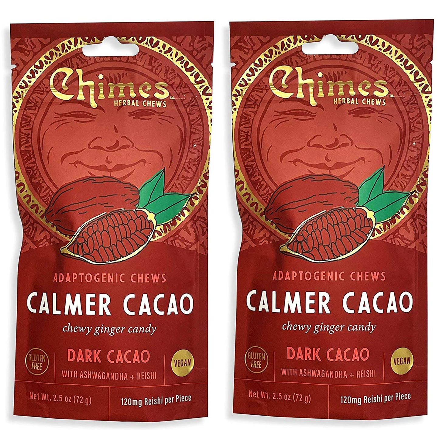 Chimes Calmer Cacao Adaptogen Ginger Chews Candy - (2 Pack With Ashwagandha, Reishi and Dark Cacao with Theobromine) Vegan, Gluten Free…