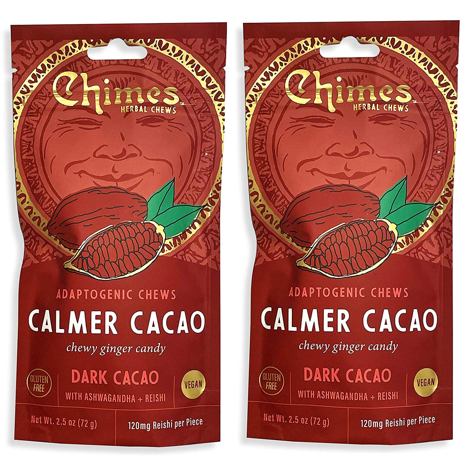 Chimes Calmer Cacao Adaptogen Ginger Chews Candy - (2 Pack With Ashwagandha, Reishi and Dark Cacao with Theobromine) Vegan, Gluten Free…