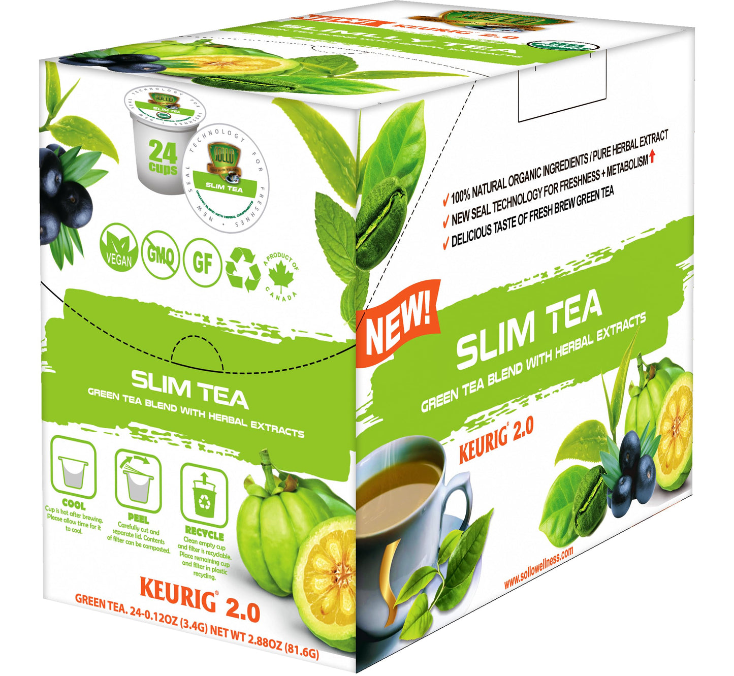 SOLLO Slim Tea K-Cup, Diet Support, Weight Loss with Garcinia & Green Coffee Extract, Single Serve Pods, Compatible With 2.0 K-Cup Keurig Brewers, 24