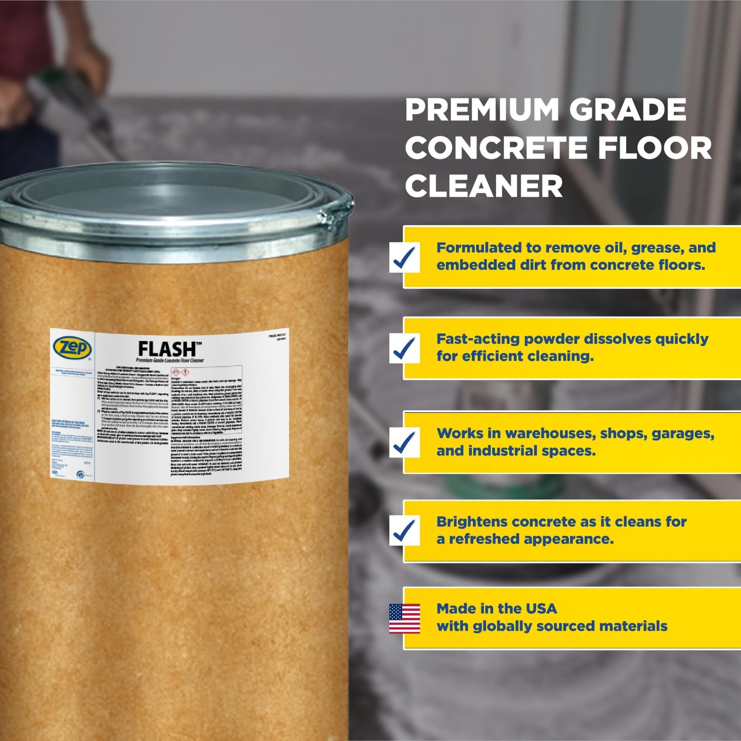 Zep Flash Powdered Concrete Floor Cleaner - 125lb (Case of 1) 72342 - Premium Grade, Alkaline, Removes Grease and Oil Deposits