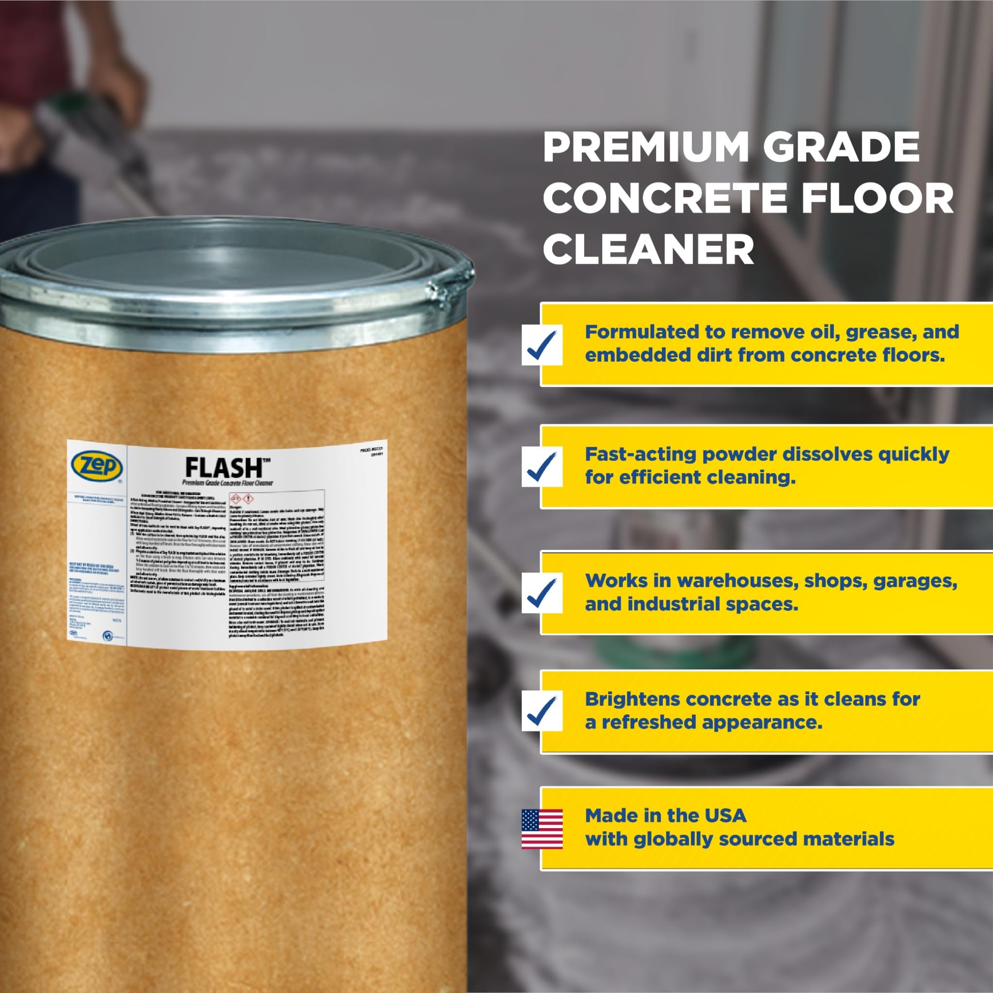 Zep Flash Powdered Concrete Floor Cleaner - 125lb (Case of 1) 72342 - Premium Grade, Alkaline, Removes Grease and Oil Deposits