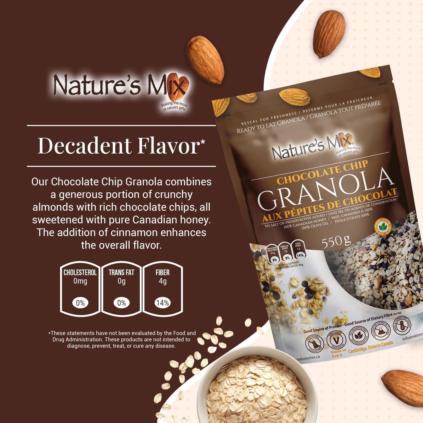 Nature's Mix - Chocolate Chip Granola (Dairy-Free) Almonds and Chocolate Chips - No Added Sugar, Soy, or Preservatives Kosher and Vegetarian - Large