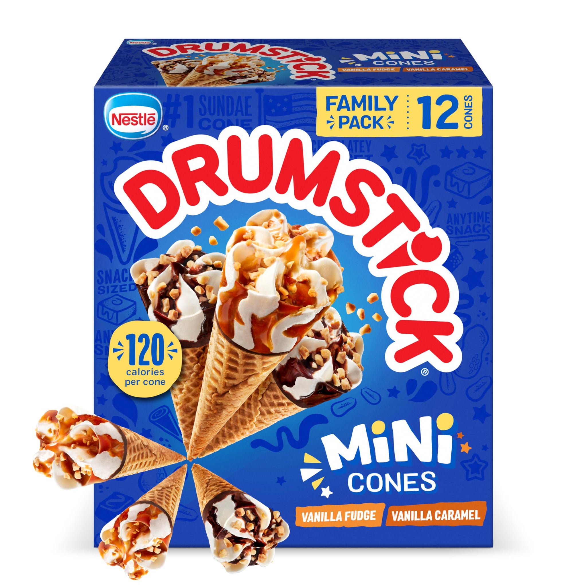 Drumstick Lil' Drums Vanilla Fudge Swirl and Vanilla Swirl Sundae Cones Ice cream, caramel, 27 Fl Oz, 12 count (pack of 1)