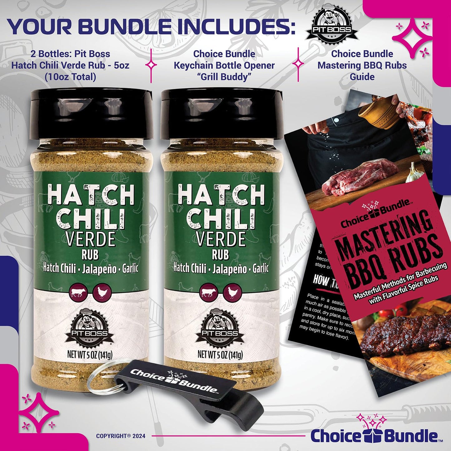 Pit Boss Hatch Chili Verde Premium Barbecue Mixed Seasoning Spice & Rub 2 pk Choice Bundle (10 oz) + Guide & Keychain Bottle Opener (4 Items)!
