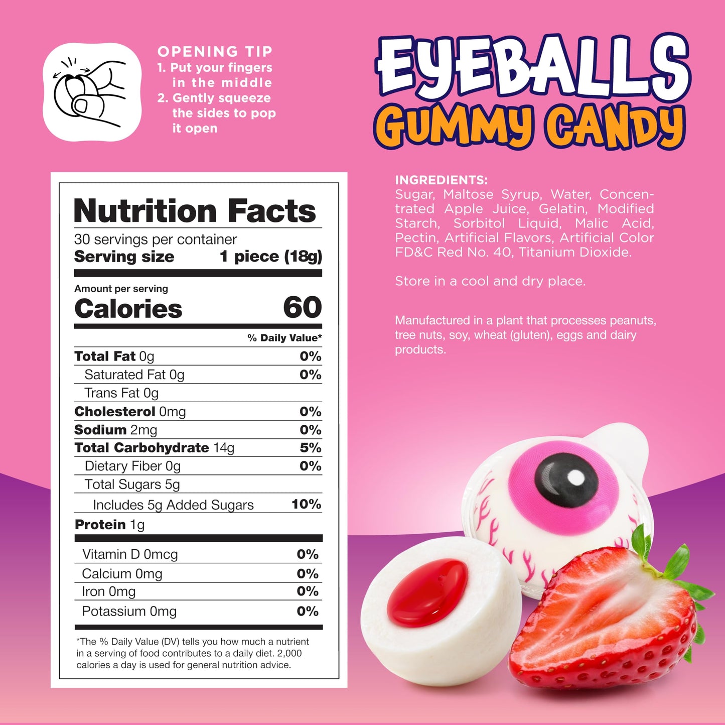Eyeballs Gummy Candy - 19 Oz Jar (30 Count) - Strawberry Jelly Filled Gummies - Individually Wrapped Candy - Party Favors - Spooky Eyes Gummies by