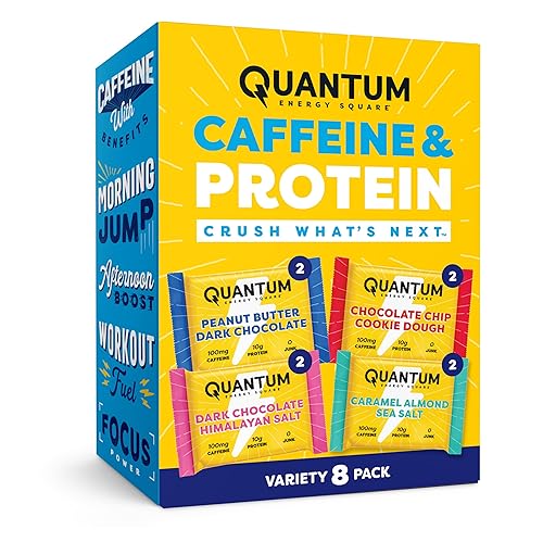 Quantum Energy Square: Energy Bar with Caffeine & 10g Protein. Delicious Healthy Snack On The Go. (Vegan, Gluten-free, Soy-free, Dairy-free) (Variety