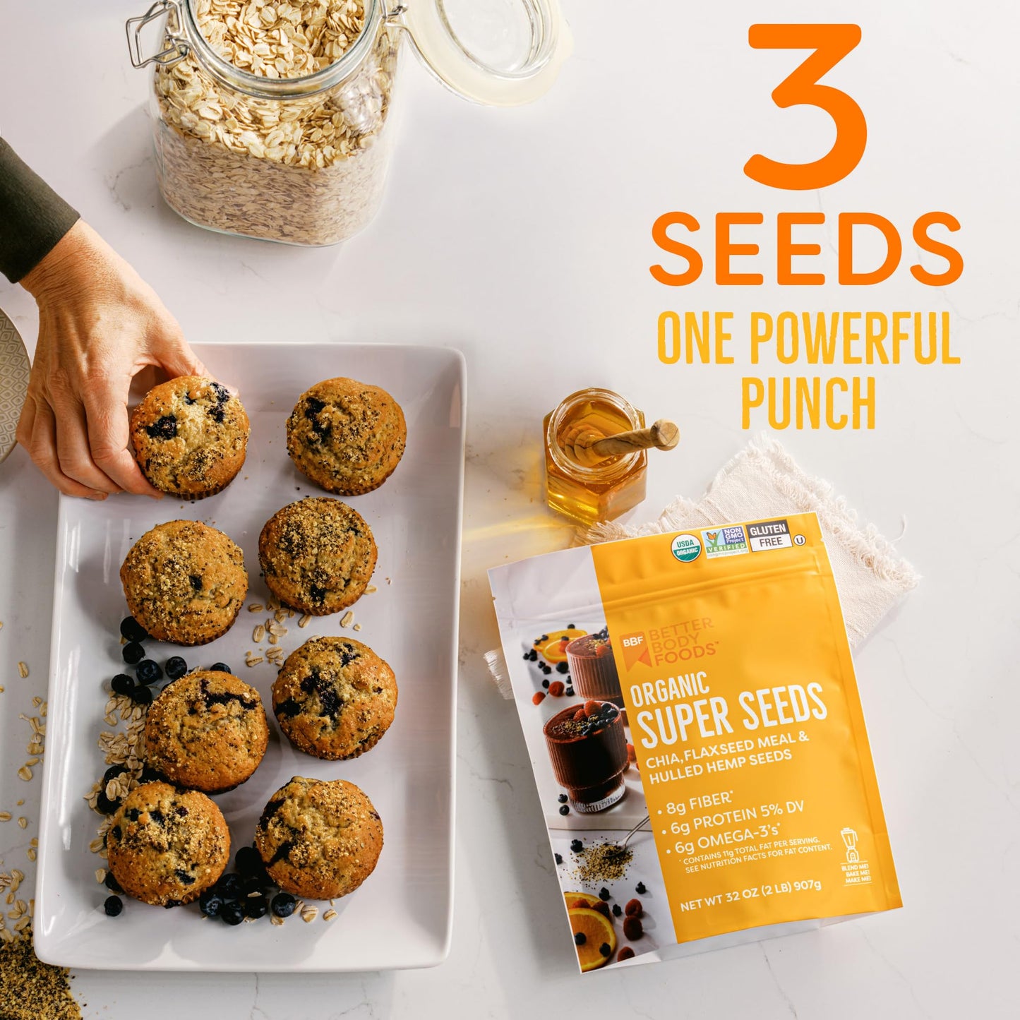 BetterBody Foods Superfood Organic Super Seeds - Chia Flax & Hemp Seeds, Blend of Organic Milled Flax Seed Organic Hemp Hearts, Add to Smoothies