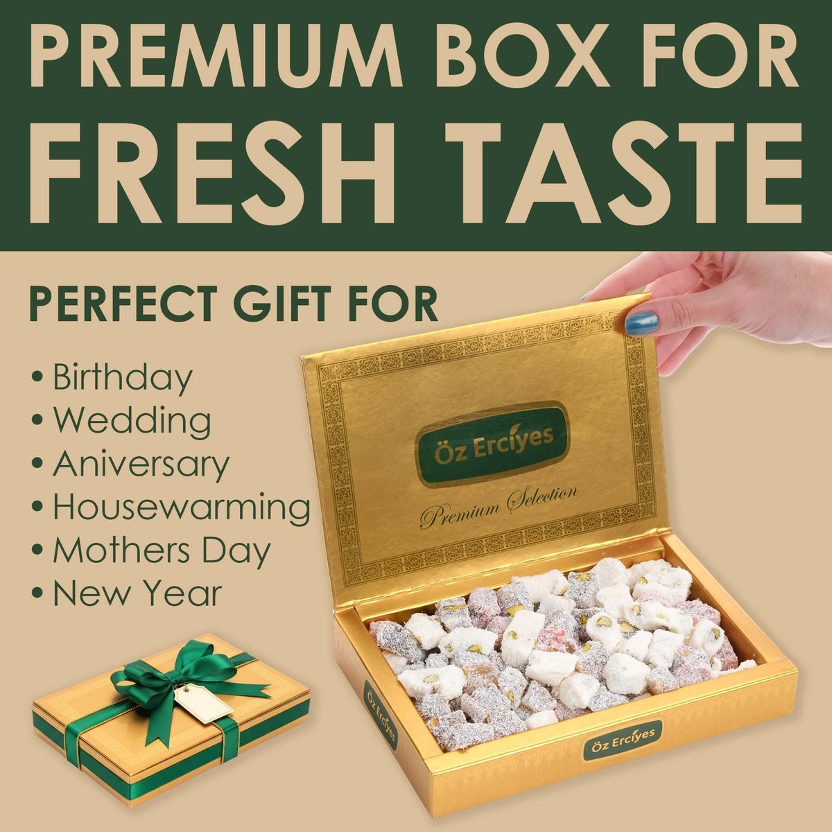 Assorted Turkish Delight Mix - Pistachio, Pomegranate, Milk & Coconut Walnut Lokum, Gourmet Turkish Candy Gift Box, Dulces Turcos, 17.6 oz (500g)