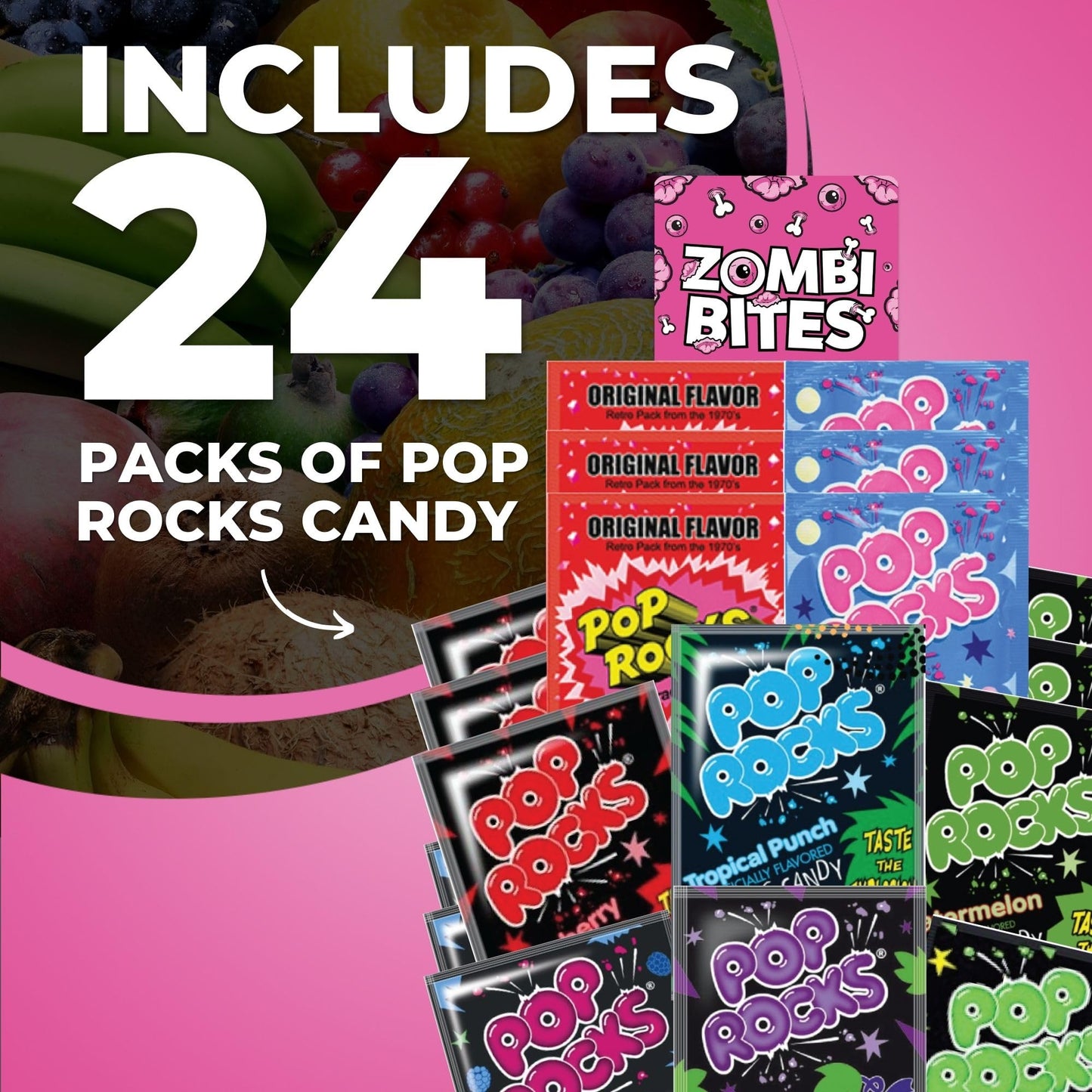 Popping Candy Variety Pack Bundle. Includes Twenty-Four - 0.33 Oz Pop Rocks Candy and a Zombibites Fridge Magnet! Three Each of Eight Fruity Flavors