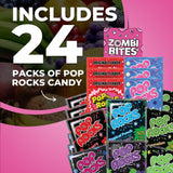 Popping Candy Variety Pack Bundle. Includes Twenty-Four - 0.33 Oz Pop Rocks Candy and a Zombibites Fridge Magnet! Three Each of Eight Fruity Flavors