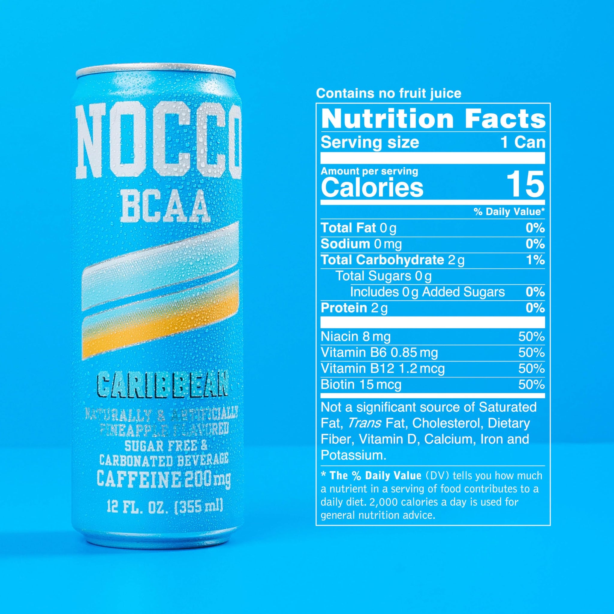 NOCCO Zero Sugar Energy Drink, Caribbean - 12 Fl Oz (Pack of 12) - 180mg Caffeine, Sugar Free with BCAAs - Branched Chain Amino Acids, Carbonated