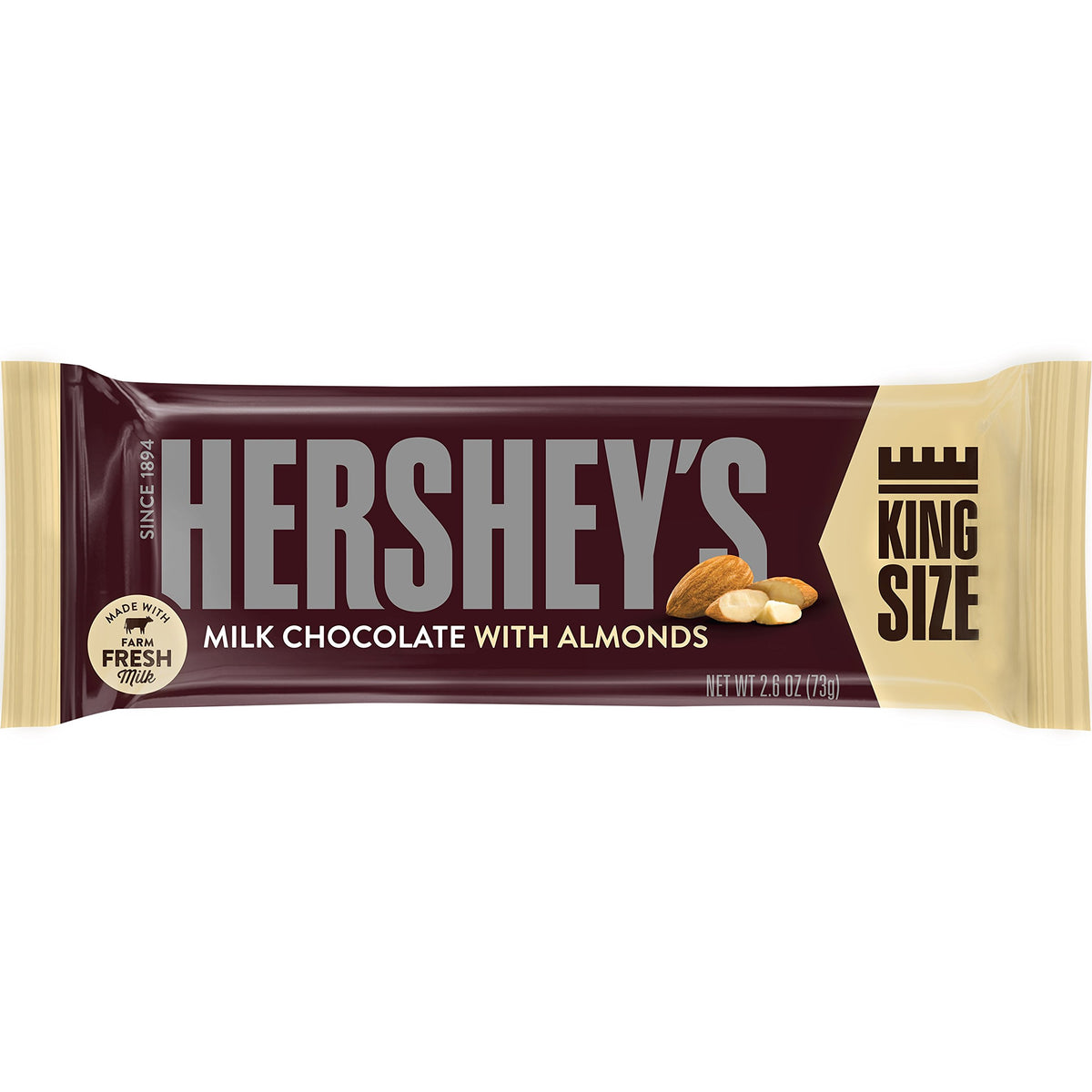 HERSHEY'S Milk Chocolate with Whole Almonds King Size, Candy Bar, 2.6 oz