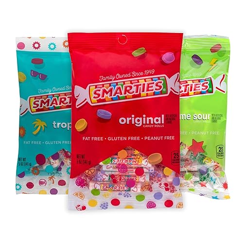 Smarties Candy Triple Variety Pack Rolls - Gluten Free Vegan Assorted Flavors, Tropical & X-Treme Sour Candy - Family Owned Company Since 1949