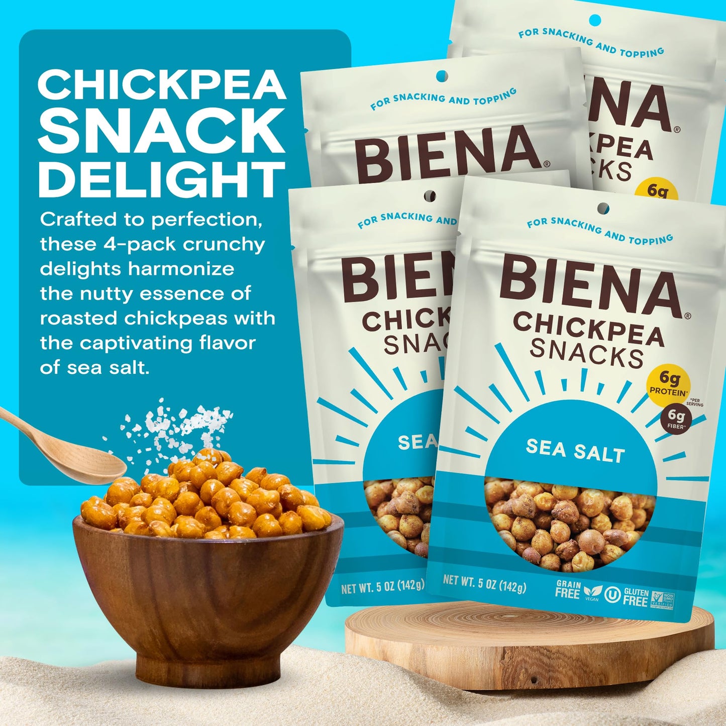 BIENA Chickpea Snacks - Crunchy Roasted Chickpeas - High Fiber Vegan Protein Snacks for Adults and Kids - 4-Pack, 5 Ounce Bags - Sea Salt