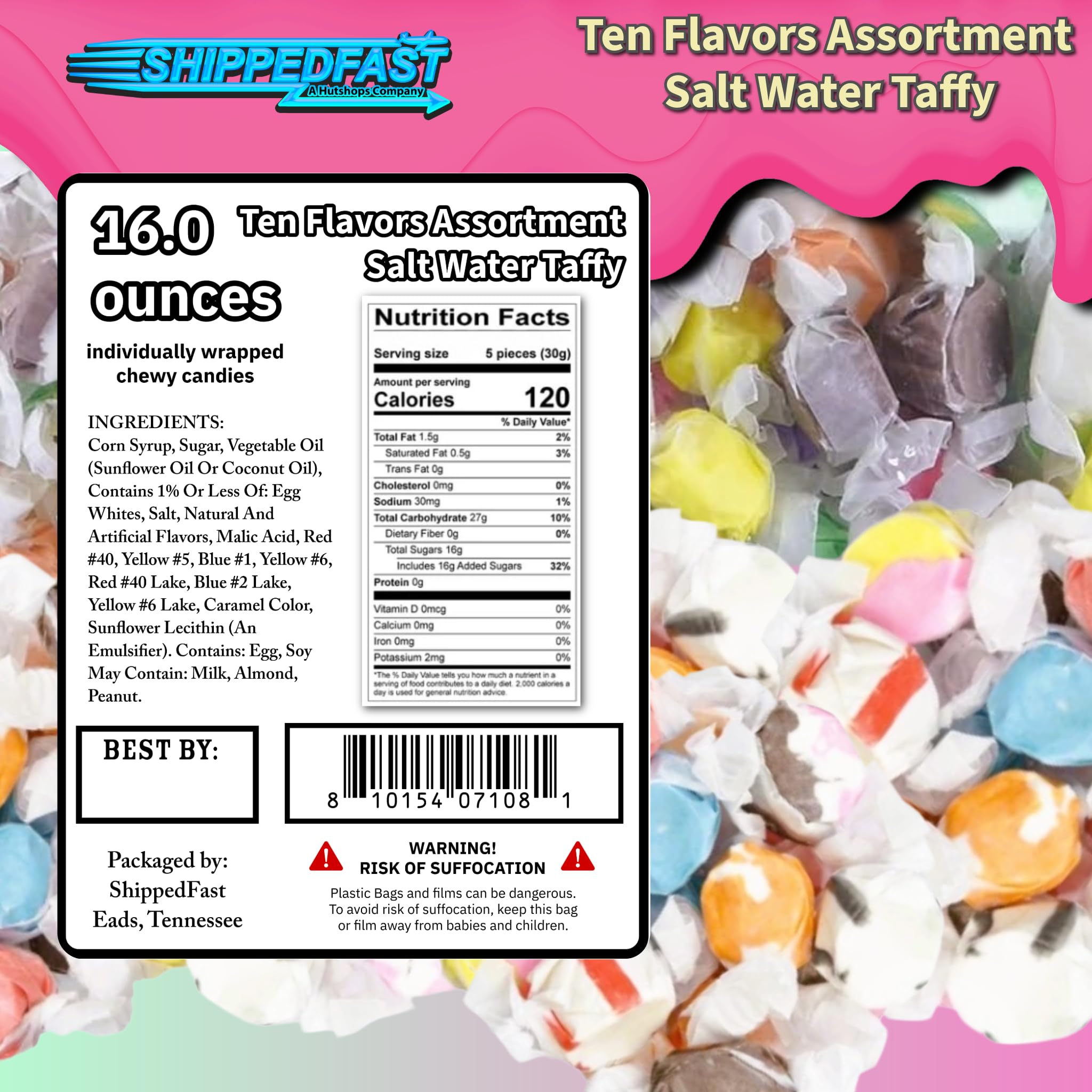Ten Flavors Assortment, Salt Water Taffy 1 Pound Bag. Classic Boardwalk Style Taffy. (Net Wt. 16oz)