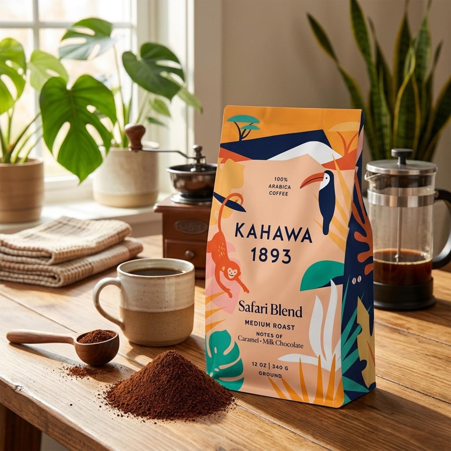 Kahawa 1893 Ground Coffee Medium Roast Safari Blend 12 Oz - As Seen on Shark Tank, High Antioxidants, Naturally Sweet, Organically Grown, Ethically