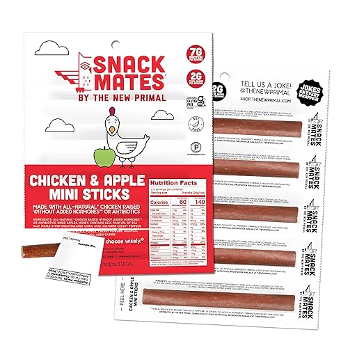 New Primal Snack Mates Chicken & Apple Sticks, Gluten Free Healthy Snacks for Kids, Low Sugar High Protein Back to School Snacks, Mini Paleo Jerky